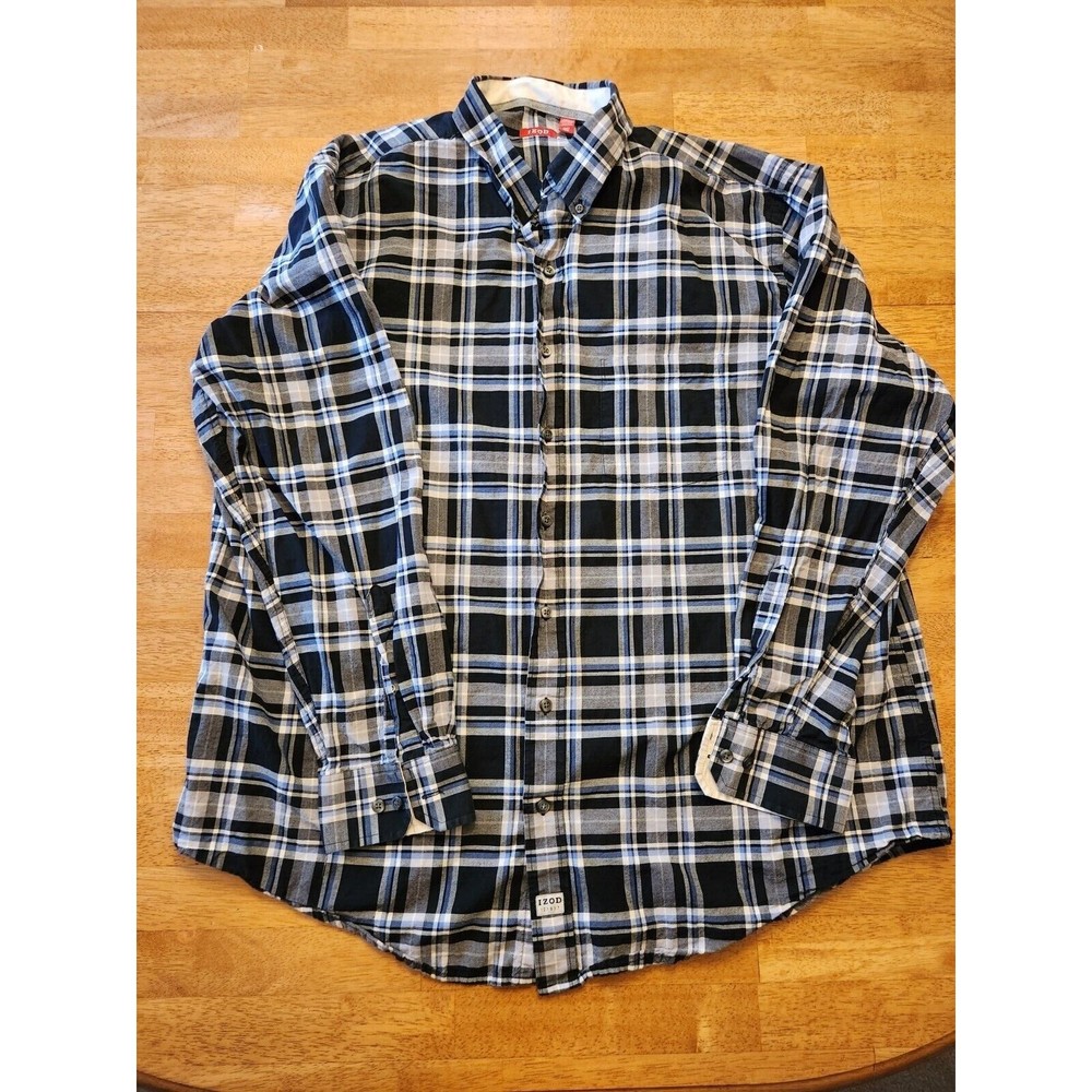 Izod Men's Button-down Shirt blue black white plaid 2XLT